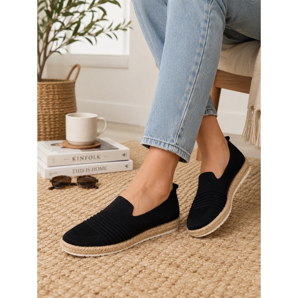 Adrienne Vittadini Knit Espadrille Slip On Flats Black Women's 6.5 Travel
